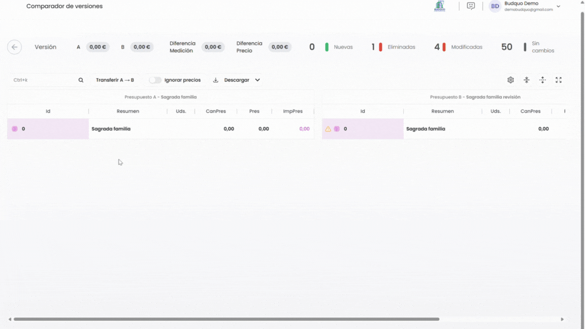 Demostración de Comparador de versiones